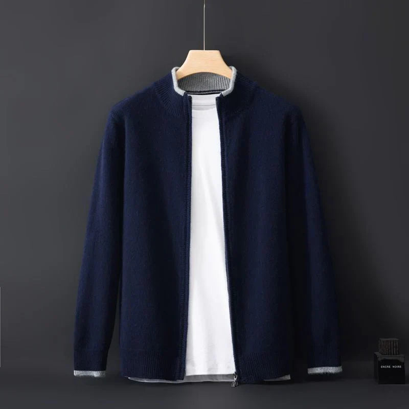 Unisex knitted zip-front bomber cardigan with ribbed collar