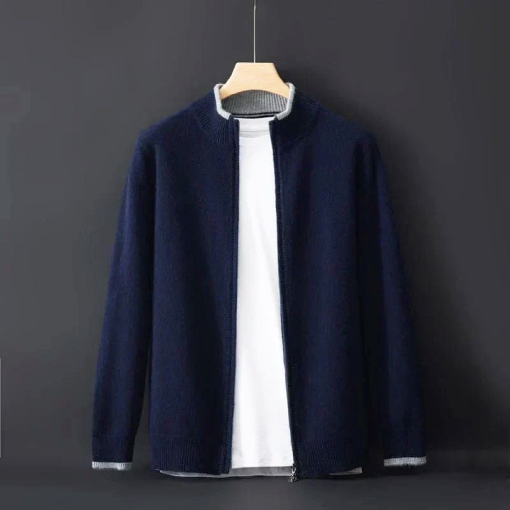 Men's mock neck zip cardigan with ribbed trim