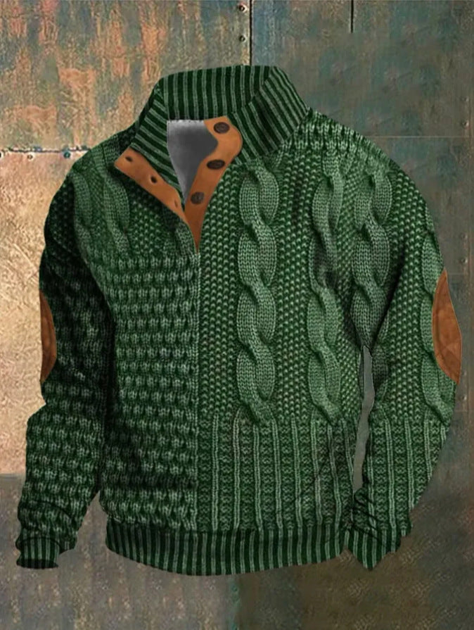 Men's textured patterned jumper with button collar, long sleeves and elbow patches
