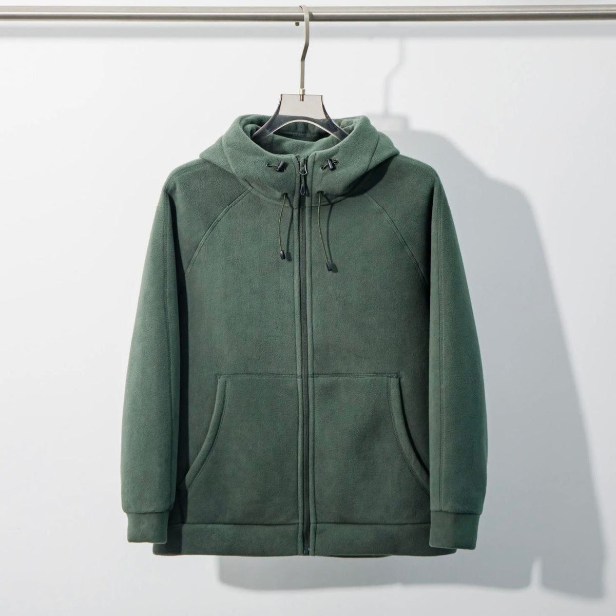 Unisex fleece zip hoodie with drawstring hood and front pockets