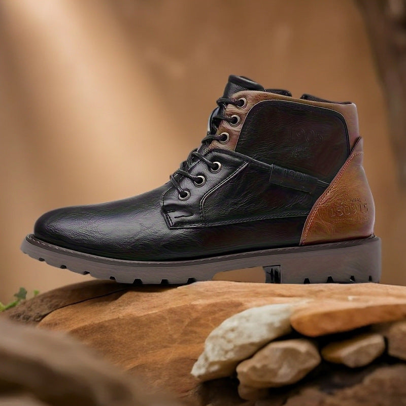 Men's lace-up ankle boots with contrasting panels and lug sole