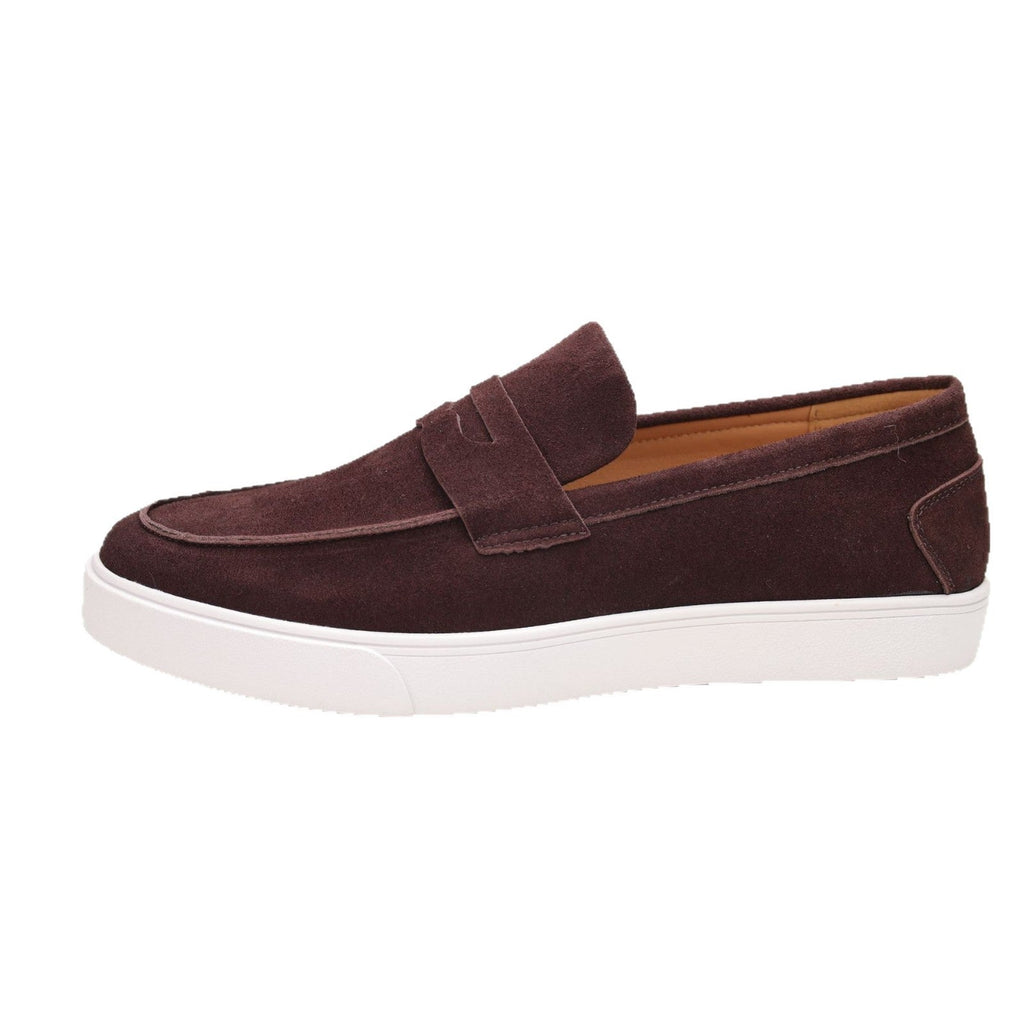Men's penny loafers with moc toes, strap detail and white flat soles