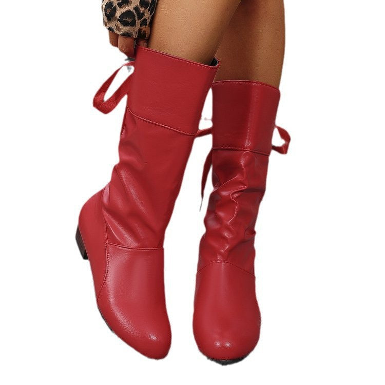 Women's ruched knee-high boots with low block heels