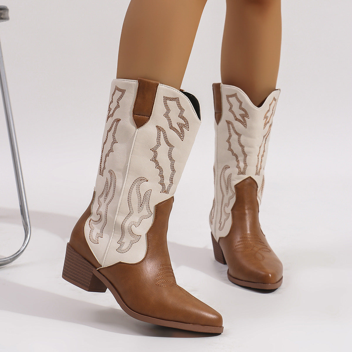 Women's western cowboy boots with embroidered panels and block heels