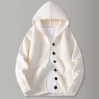 Men's hooded rib knit cardigan with button front and patch pockets