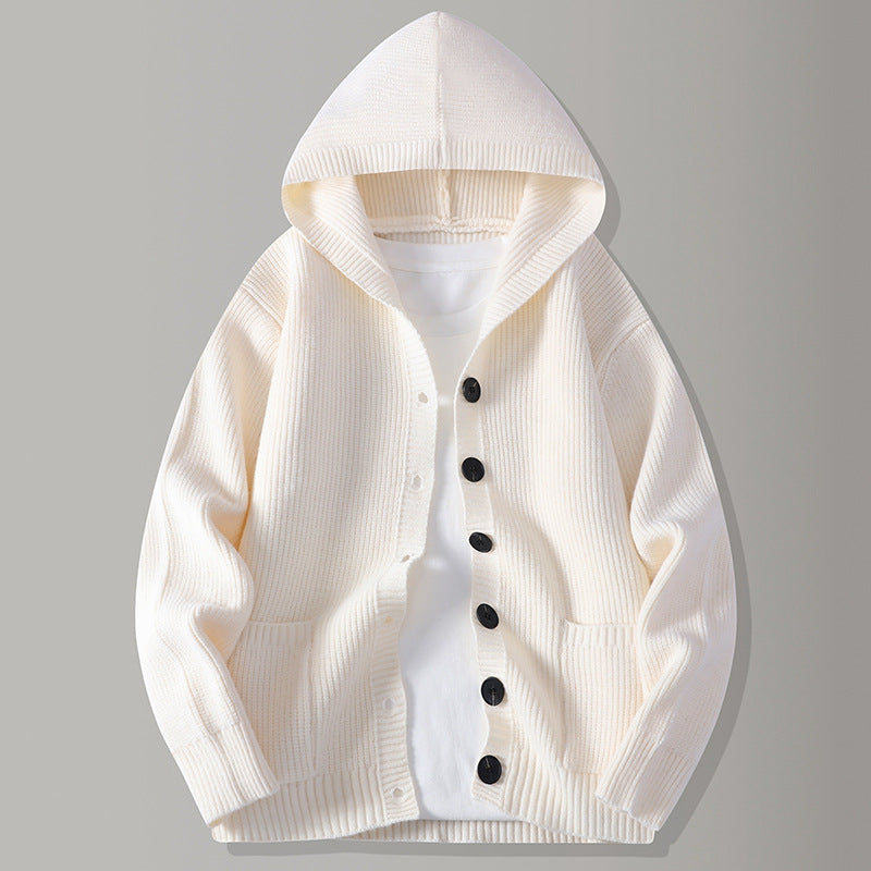 Men's hooded rib knit cardigan with button front and patch pockets