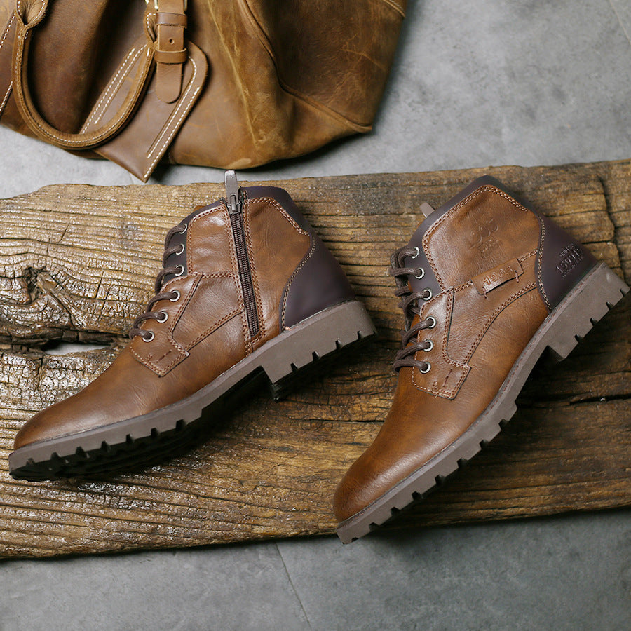 Men's lace-up ankle boots with contrasting panels and lug sole