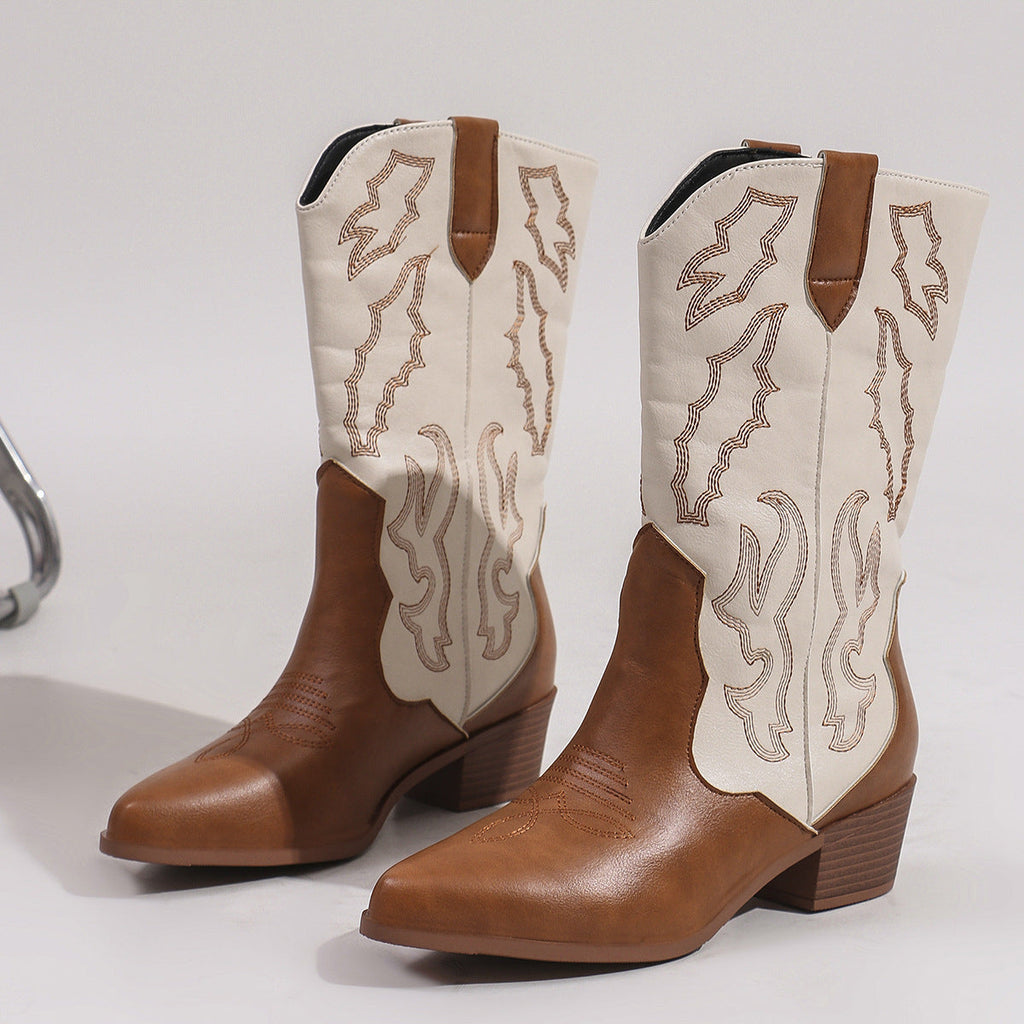 Women's western cowboy boots with embroidered panels and block heels