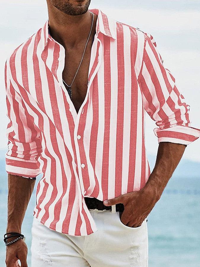 Men's striped button front shirt with rolled long sleeves