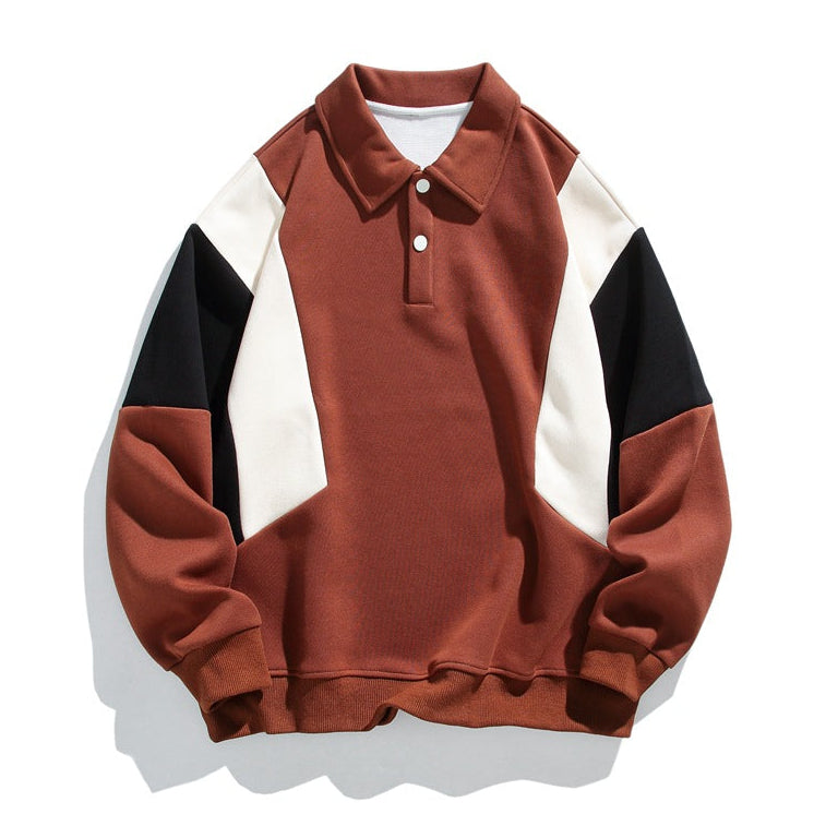 Men's long-sleeve colorblock polo sweatshirt with ribbed trims