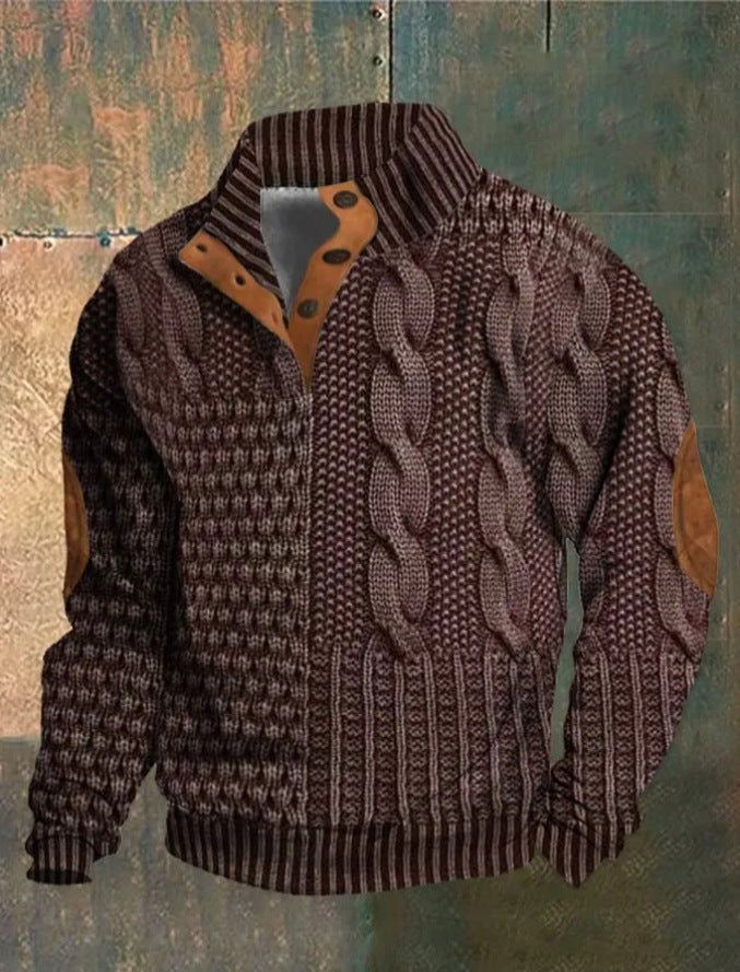 Men's textured patterned jumper with button collar, long sleeves and elbow patches