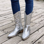 Women's knee-high cowboy boots with stitched panels and block heels