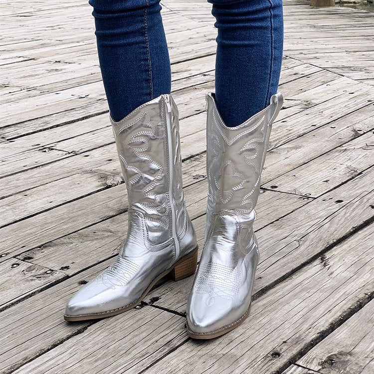 Women's knee-high cowboy boots with stitched panels and block heels