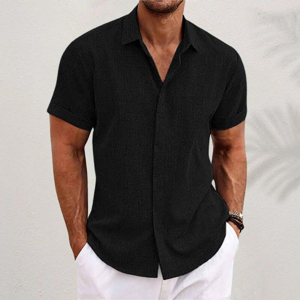Men's short sleeve collared button shirt with textured finish