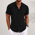 Men's short sleeve collared button shirt with textured finish