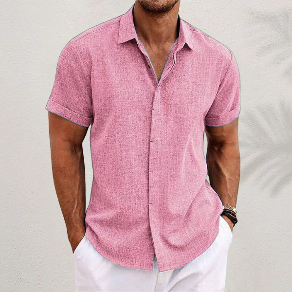Men's short sleeve collared button shirt with textured finish