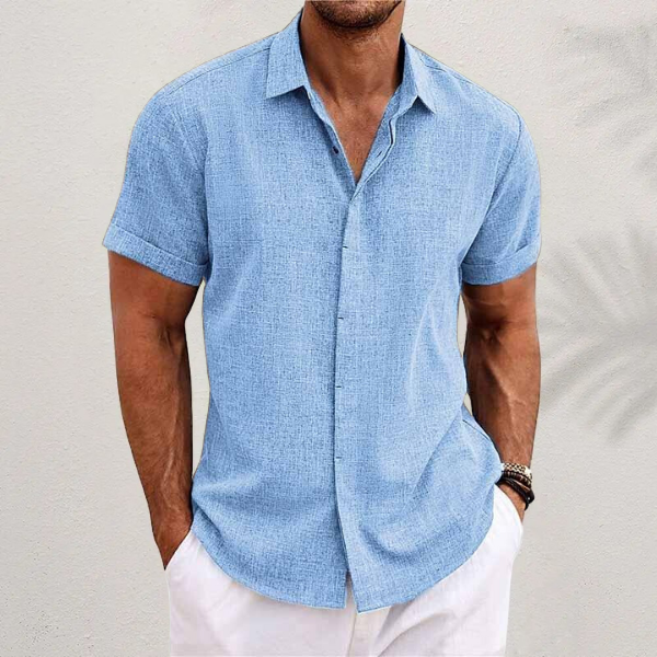 Men's short sleeve collared button shirt with textured finish
