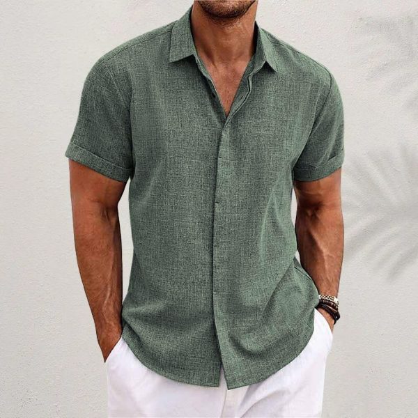 Men's short sleeve collared button shirt with textured finish
