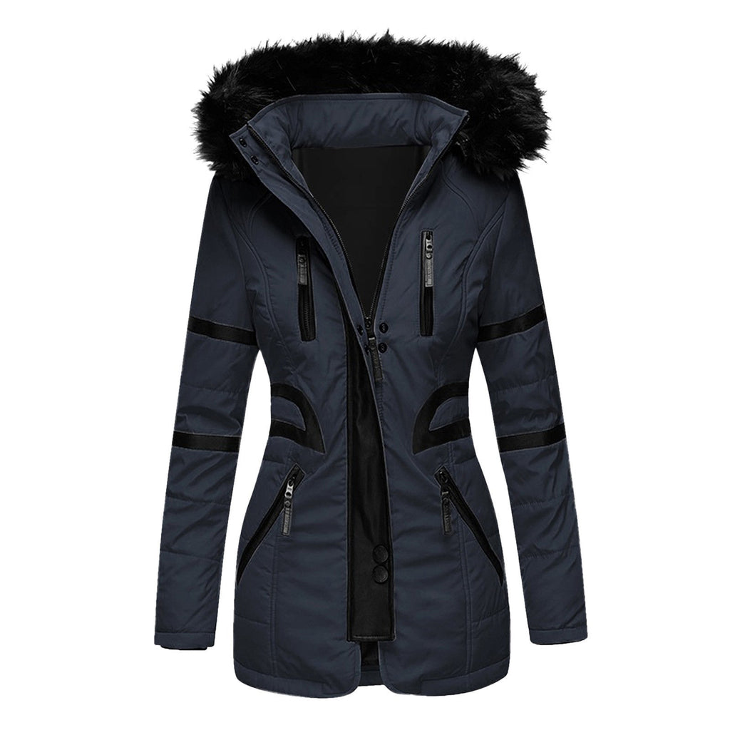 Women's hooded winter jacket with zip front and multiple pockets