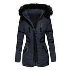 Women's hooded winter jacket with zip front and multiple pockets