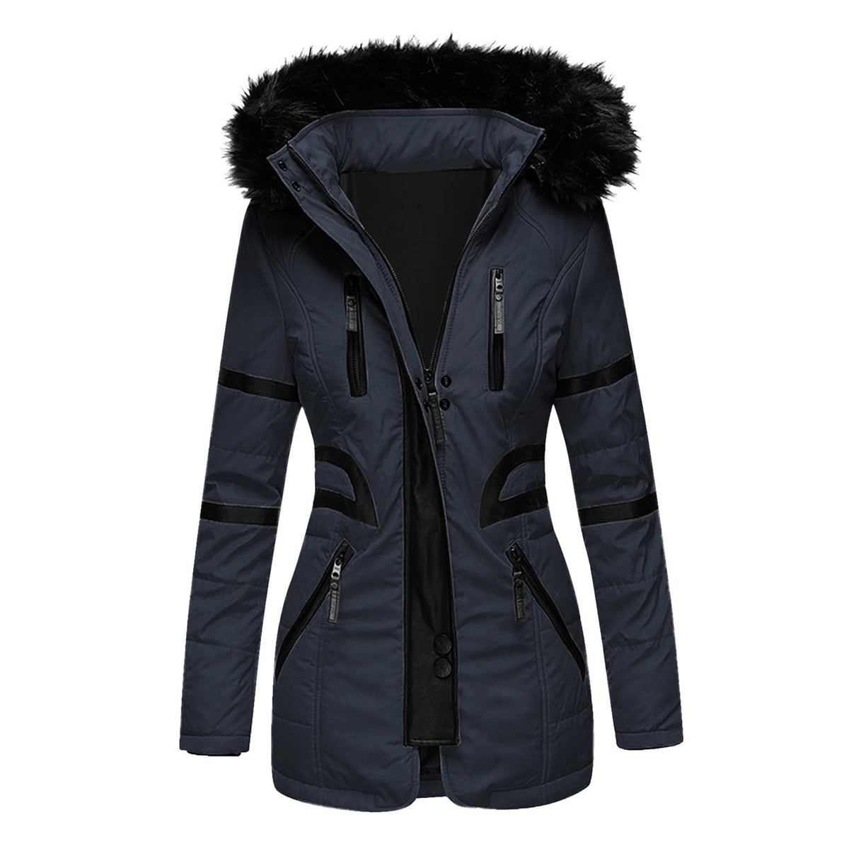 Women's hooded winter jacket with zip front and multiple pockets