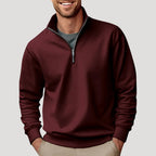 Men's white half-zip sweatshirt with stand collar and ribbed trims