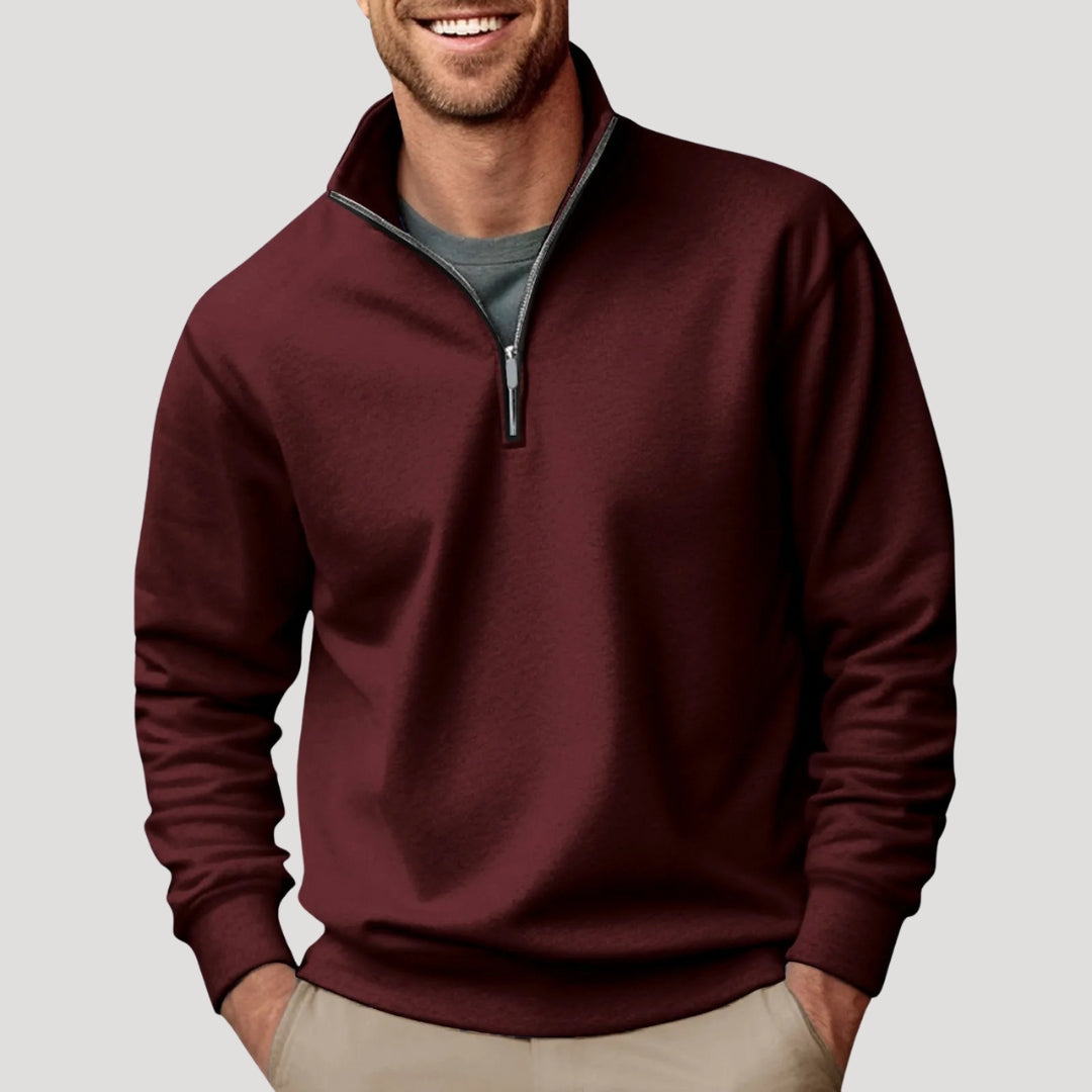 Men's white half-zip sweatshirt with stand collar and ribbed trims