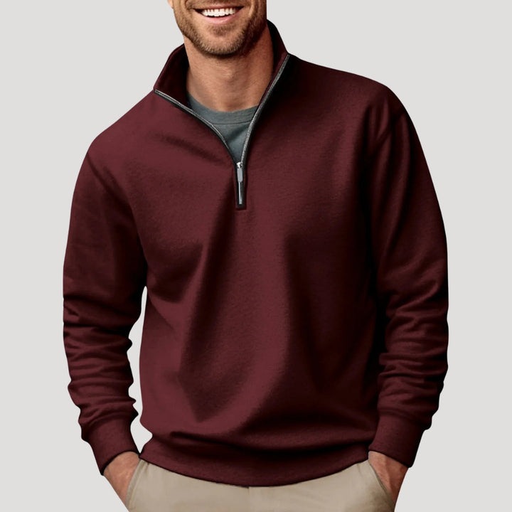 Men's white half-zip sweatshirt with stand collar and ribbed trims