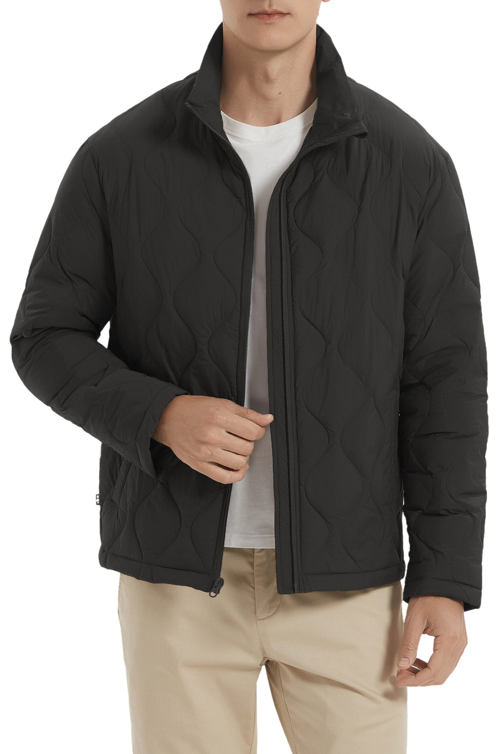 Men's black quilted bomber jacket with stand collar