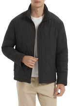 Men's black quilted bomber jacket with stand collar