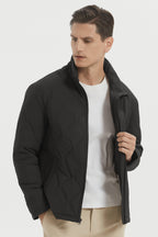 Men's black quilted bomber jacket with stand collar