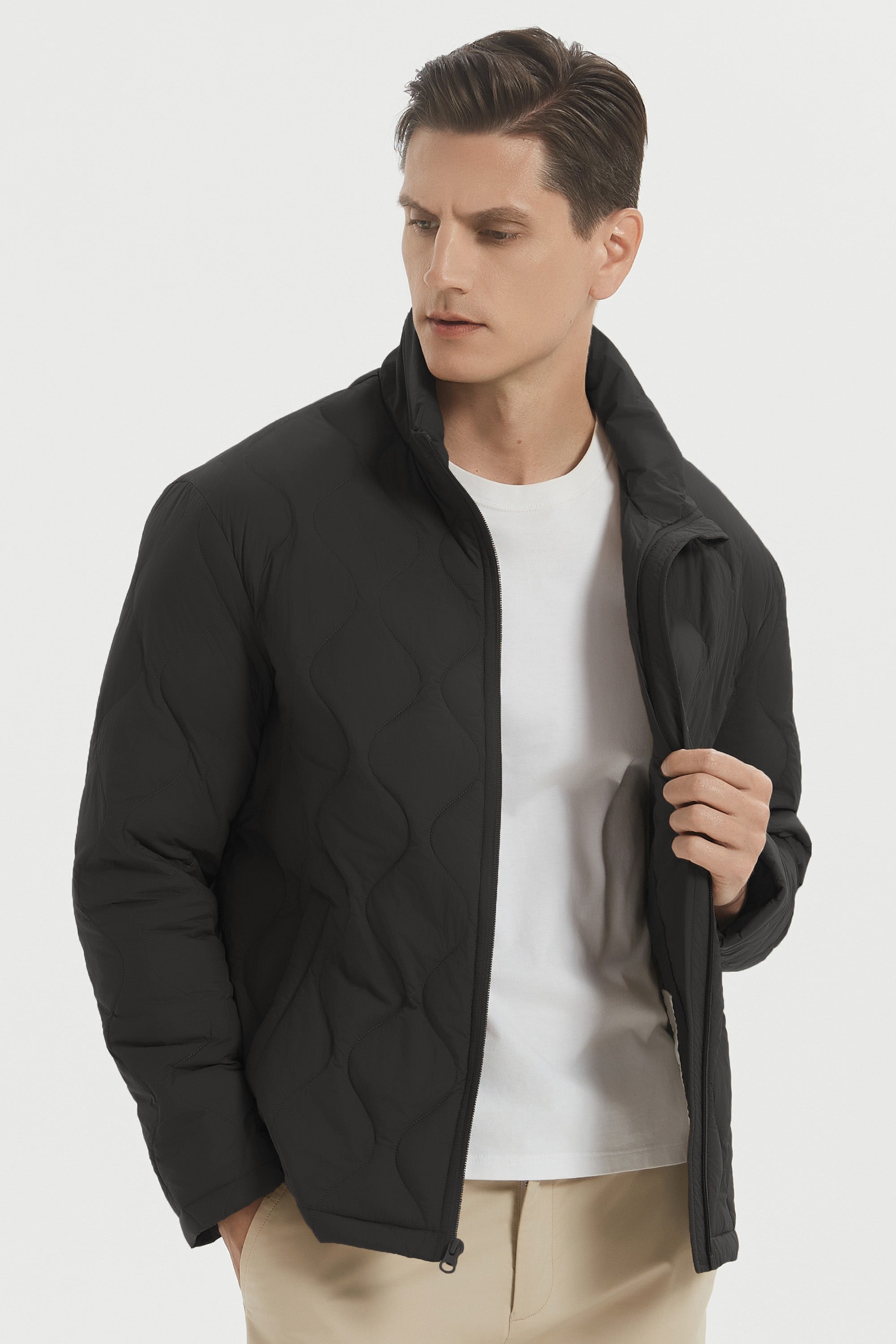 Men's black quilted bomber jacket with stand collar