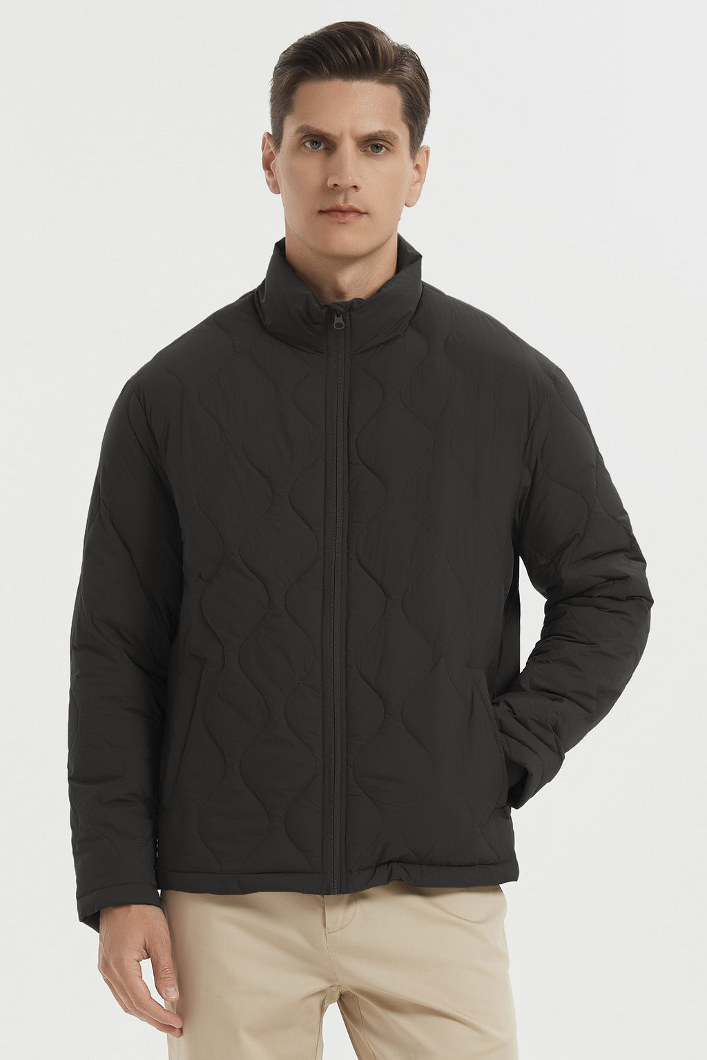 Men's black quilted bomber jacket with stand collar