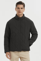 Men's black quilted bomber jacket with stand collar