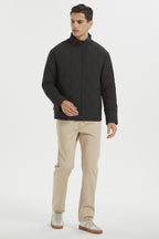 Men's black quilted bomber jacket with stand collar