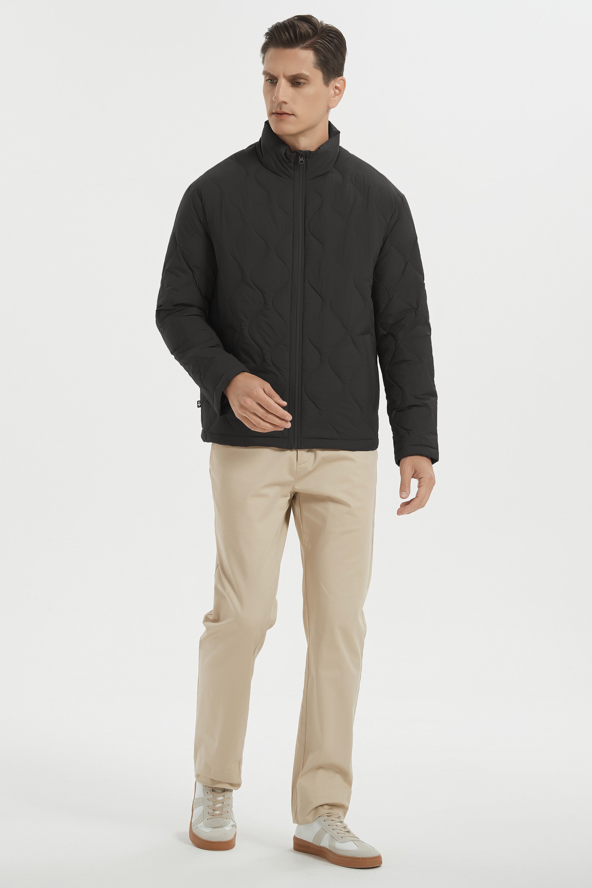 Men's black quilted bomber jacket with stand collar