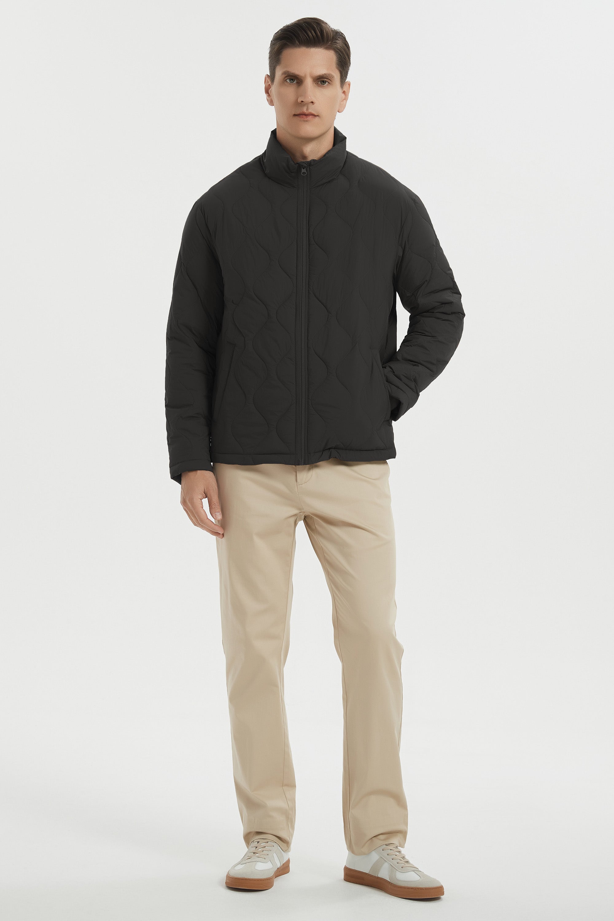 Men's black quilted bomber jacket with stand collar
