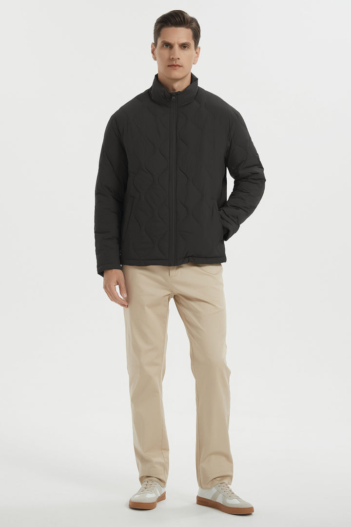 Men's black quilted bomber jacket with stand collar