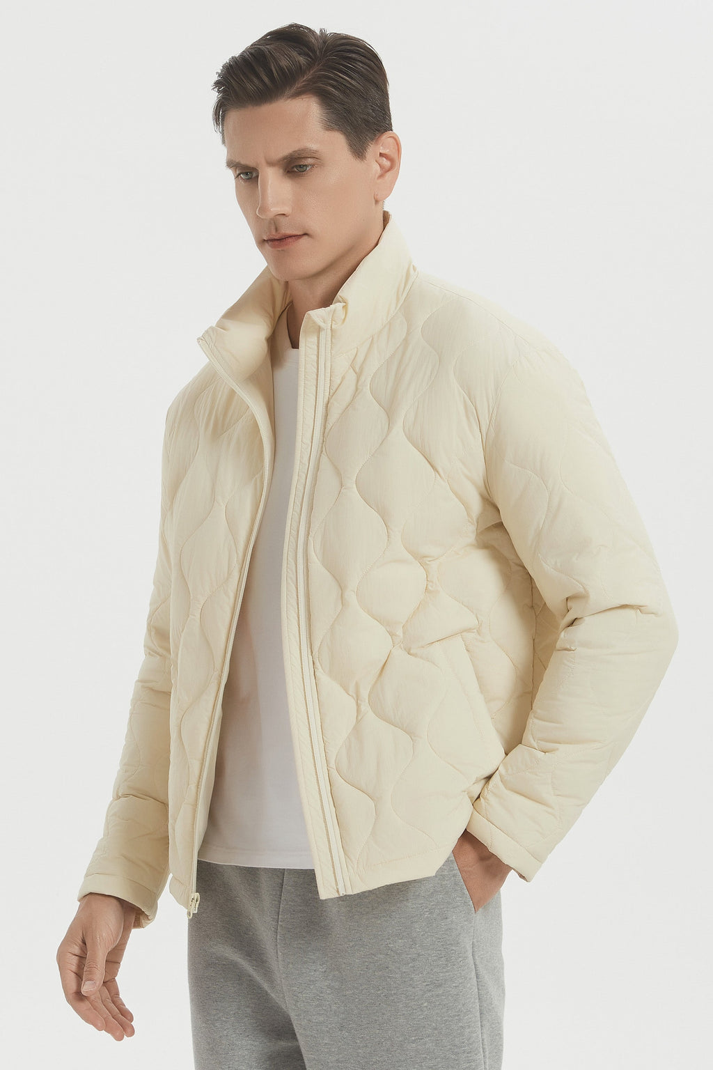 Men's black quilted bomber jacket with stand collar