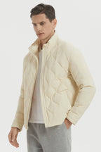 Men's black quilted bomber jacket with stand collar