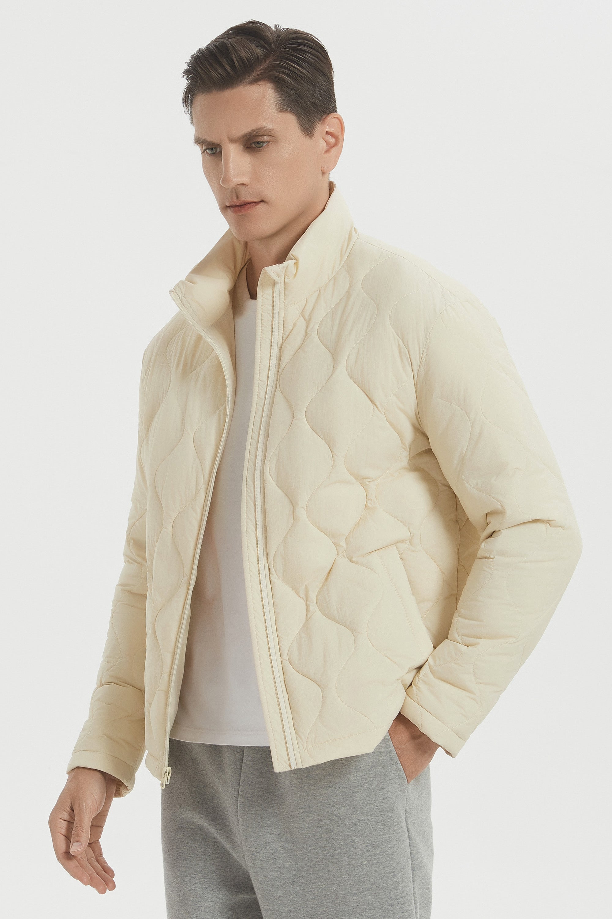 Men's black quilted bomber jacket with stand collar