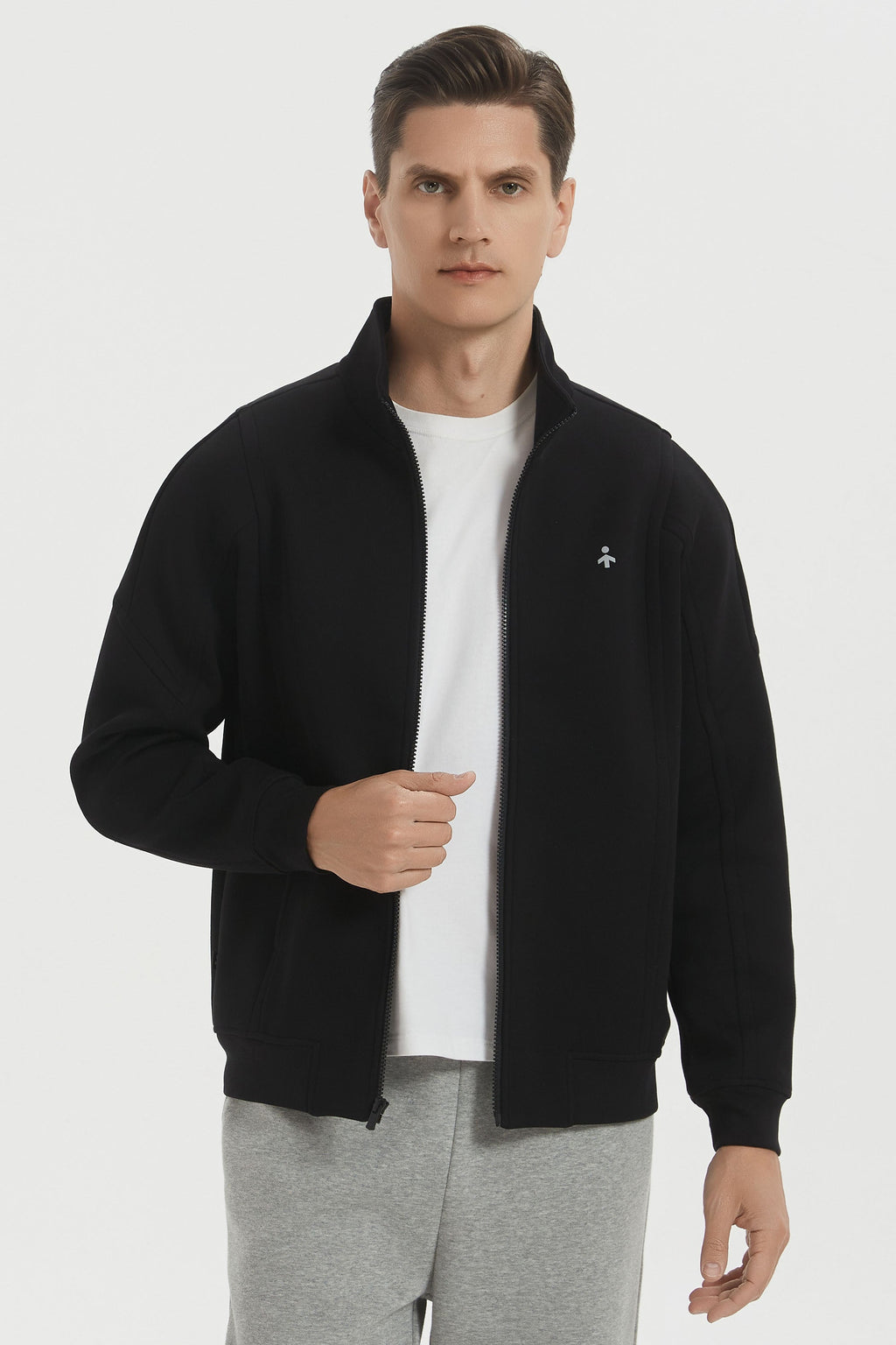 Men's full-zip sweatshirt jacket with stand collar and front pockets