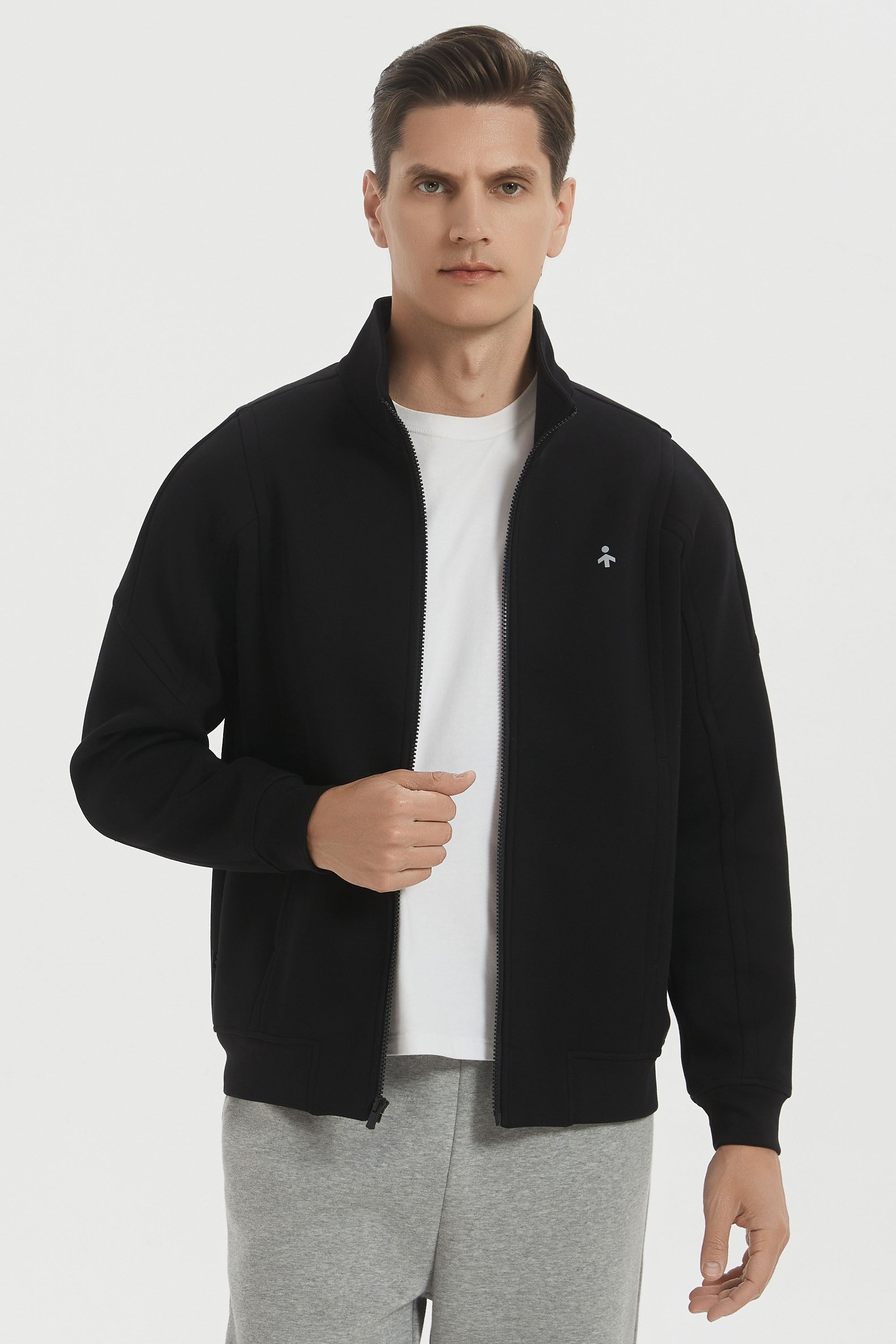Men's full-zip sweatshirt jacket with stand collar and front pockets