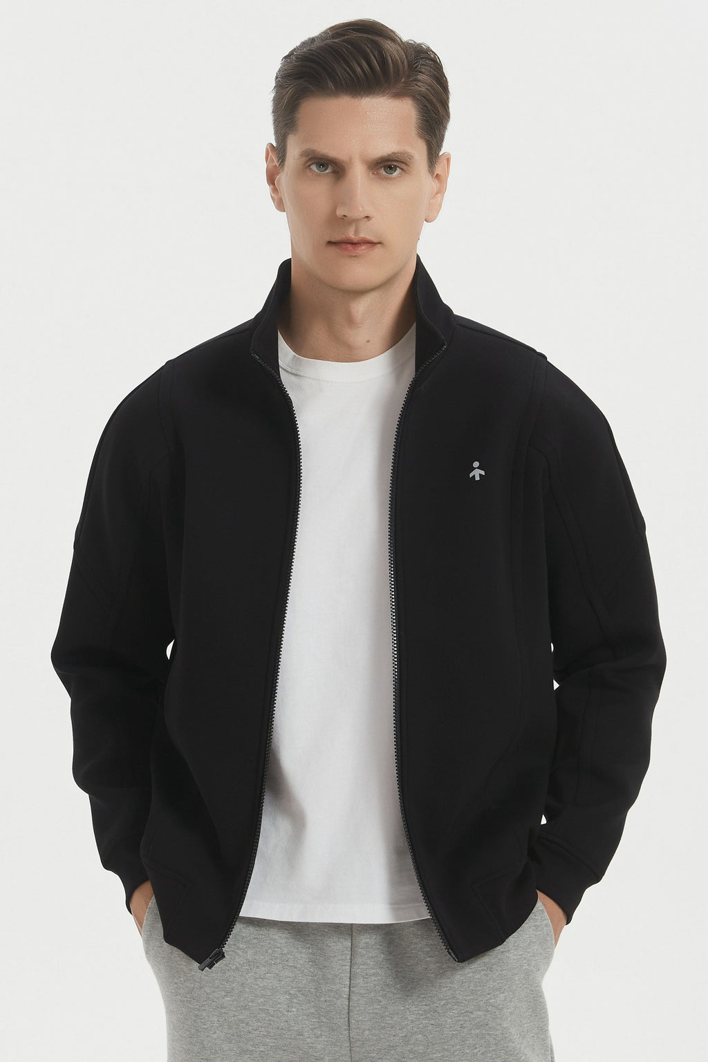 Men's full-zip sweatshirt jacket with stand collar and front pockets