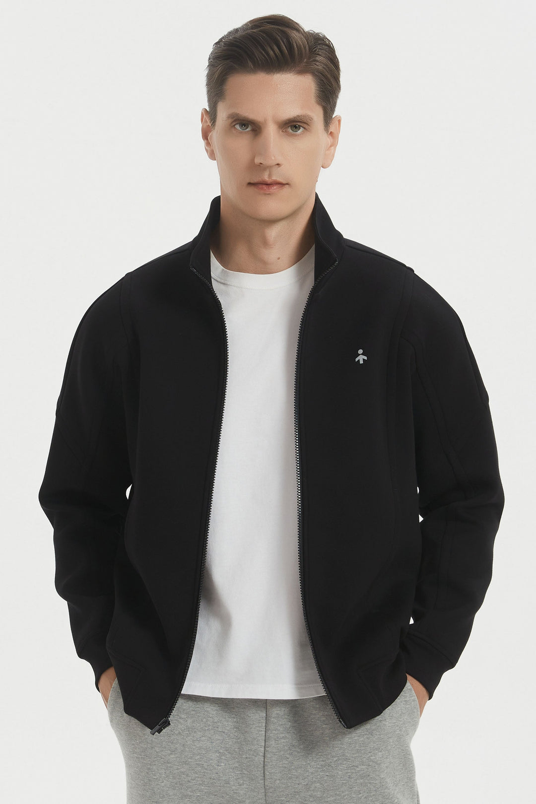 Men's full-zip sweatshirt jacket with stand collar and front pockets