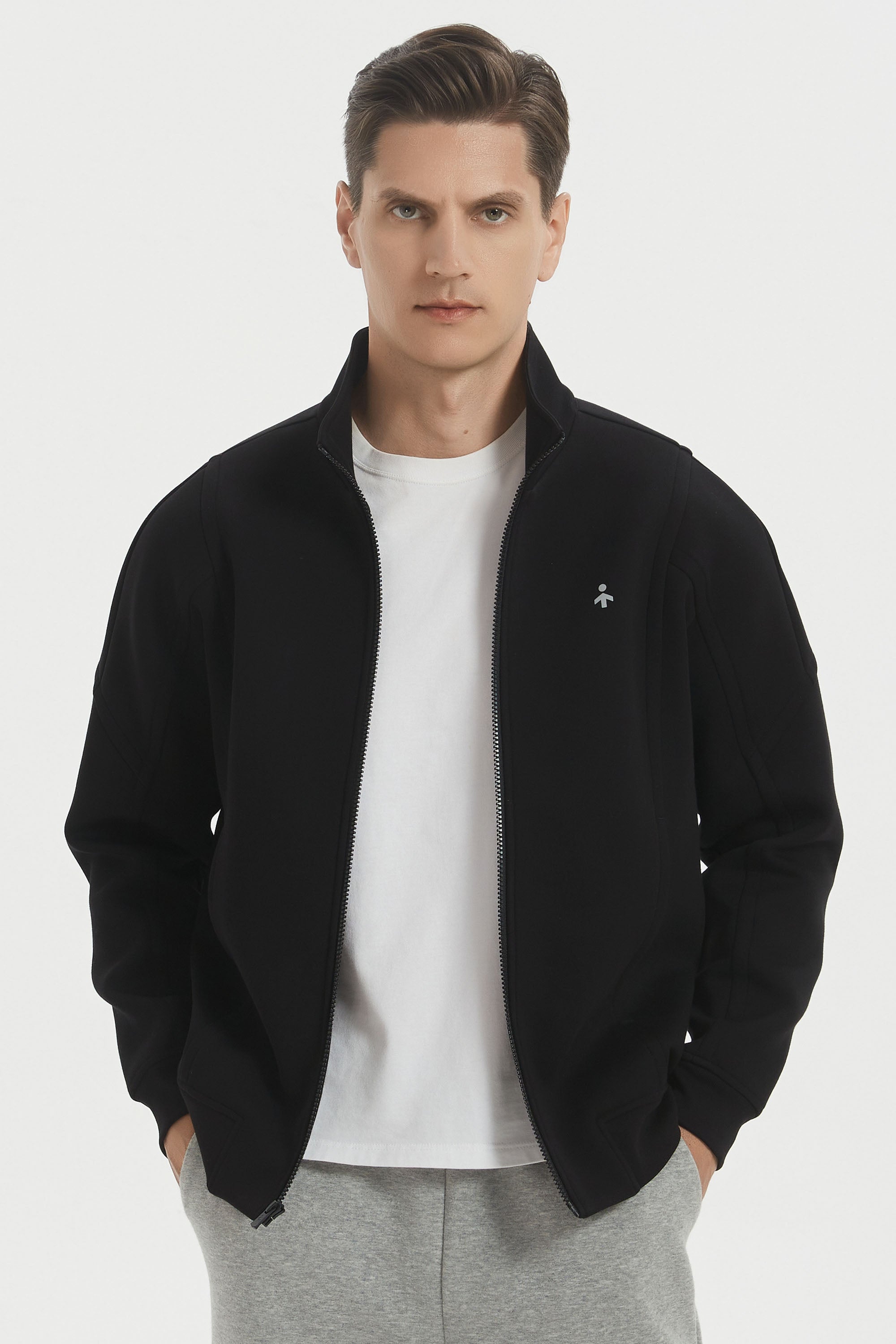 Men's full-zip sweatshirt jacket with stand collar and front pockets