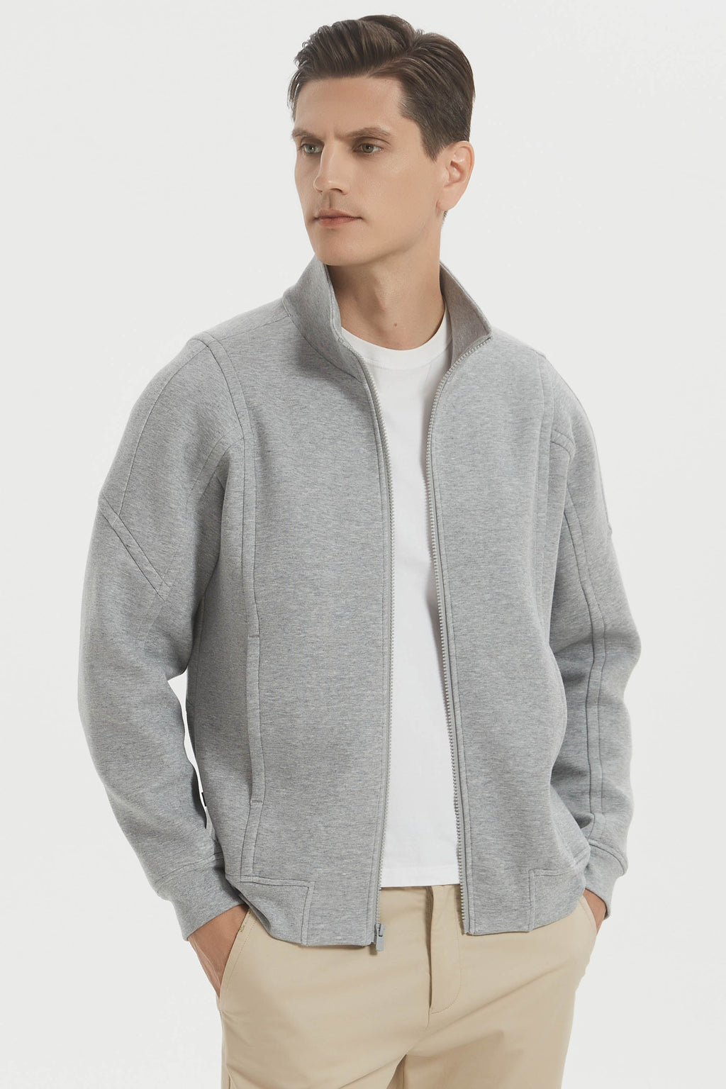 Men's full-zip sweatshirt jacket with stand collar and front pockets