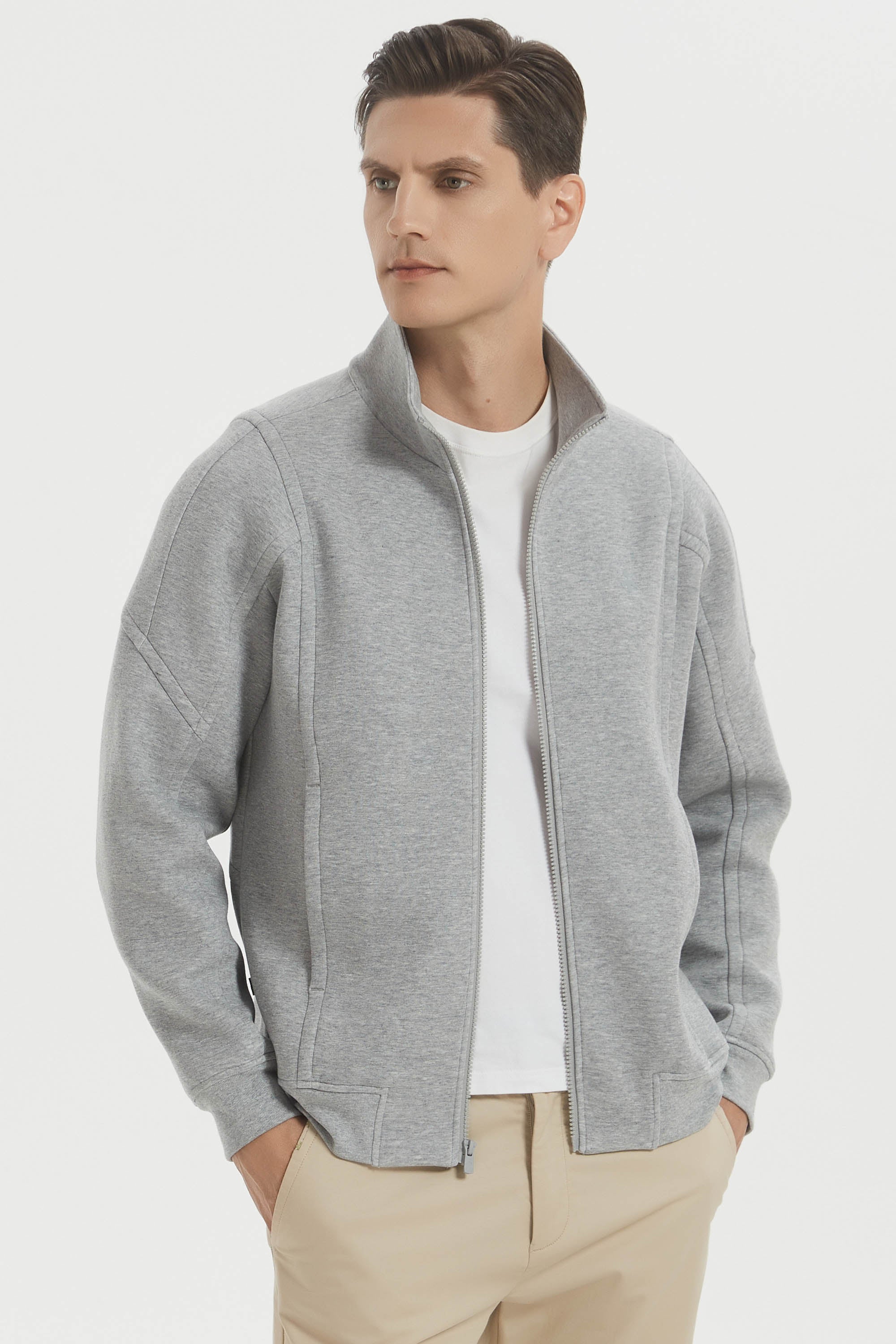 Men's full-zip sweatshirt jacket with stand collar and front pockets
