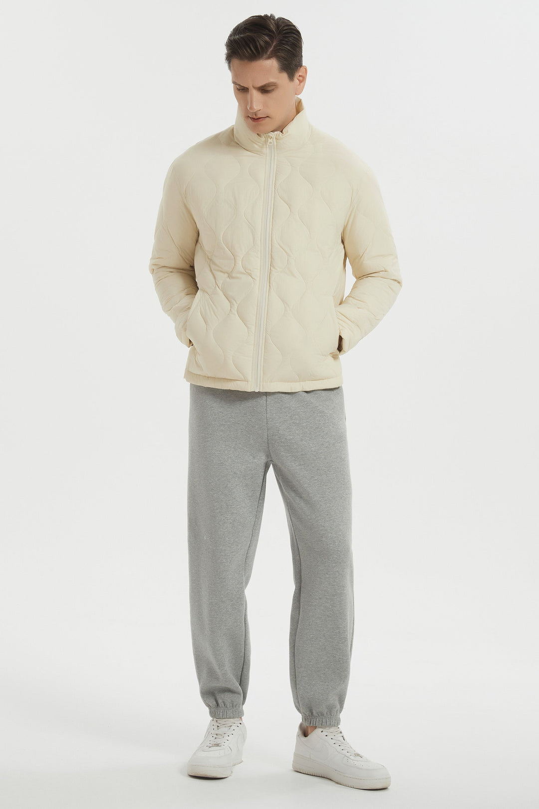 Men's black quilted bomber jacket with stand collar
