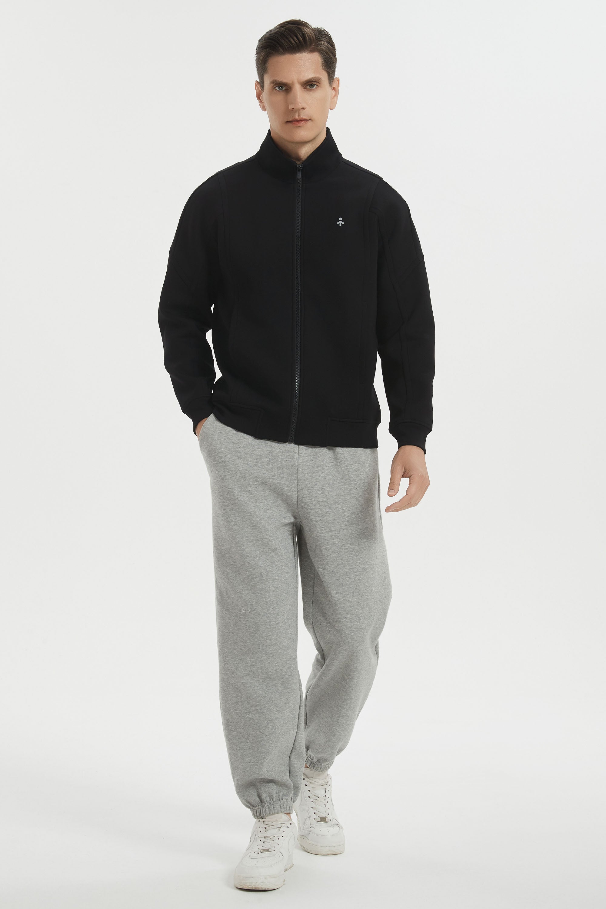Men's full-zip sweatshirt jacket with stand collar and front pockets